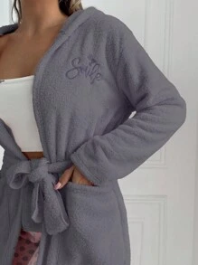 RueChic Heart and Letter Embroidery Hooded Belted Flannel Robe - Dusty Blue - View 5