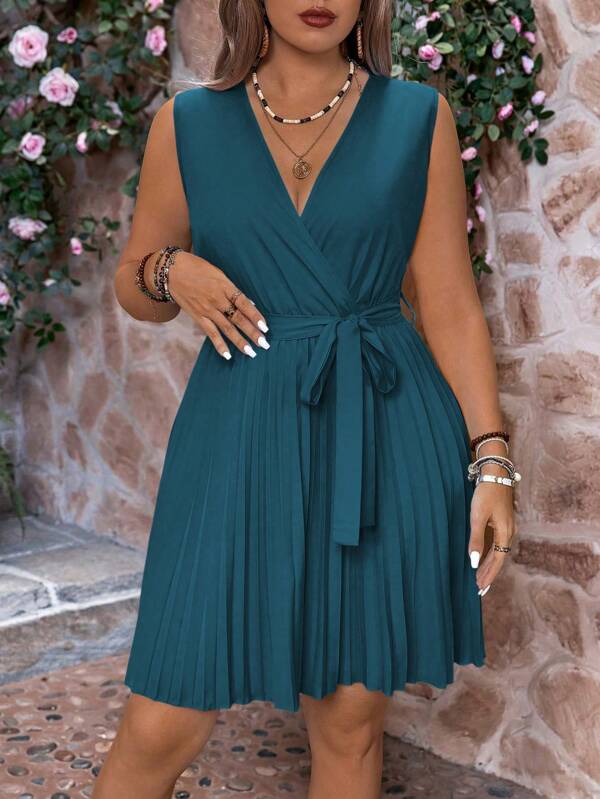 Celure Vestido de verano plisado en unicolor sin mangas con escote en V y talla grande