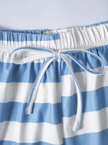 3 cái/bộ Bộ áo thun sọc ngắn tay thoải mái, quần short và quần dài Bộ đồ mặc nhà cho nữ - Màu xanh lam - Xem 3