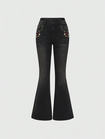 デニム・ジーパン FROGLET Cross Studs Stretch Washed Distressed Flare Jeans 1726210523f63b5ef13e4fe7fafef9