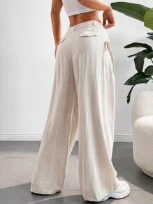 SHEIN EZwear Pantalones anchos tejidos en tono albaricoque para mujeres, cómodos para vacaciones de verano - Albaricoque - Ver 3