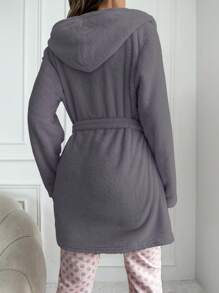 RueChic Heart and Letter Embroidery Hooded Belted Flannel Robe - Dusty Blue - View 2