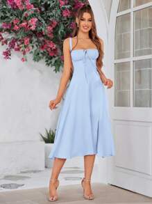 PARTHEA 夏季實色綁帶後襯撐胸罩式連衣裙