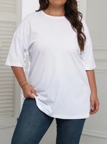 INAWLY 大码女式夏季纯色圆领蝙蝠袖 T 恤，适合休闲穿着 - 白色 - 查看 3