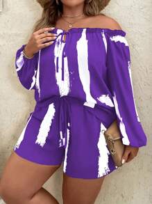 SHEIN Holidaya Bộ áo liền quần và quần short có viền ren họa tiết hoa Plus Size dành cho nữ trong kỳ nghỉ hè lệch vai - Màu tím - Xem 3