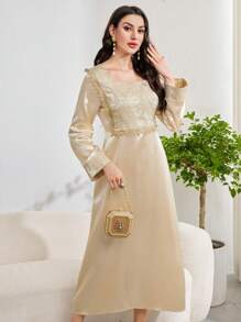 Al Najma Women's Fashionable Solid Color Long Sleeve Dress Fall Cloth For Women - Apricot - View 5