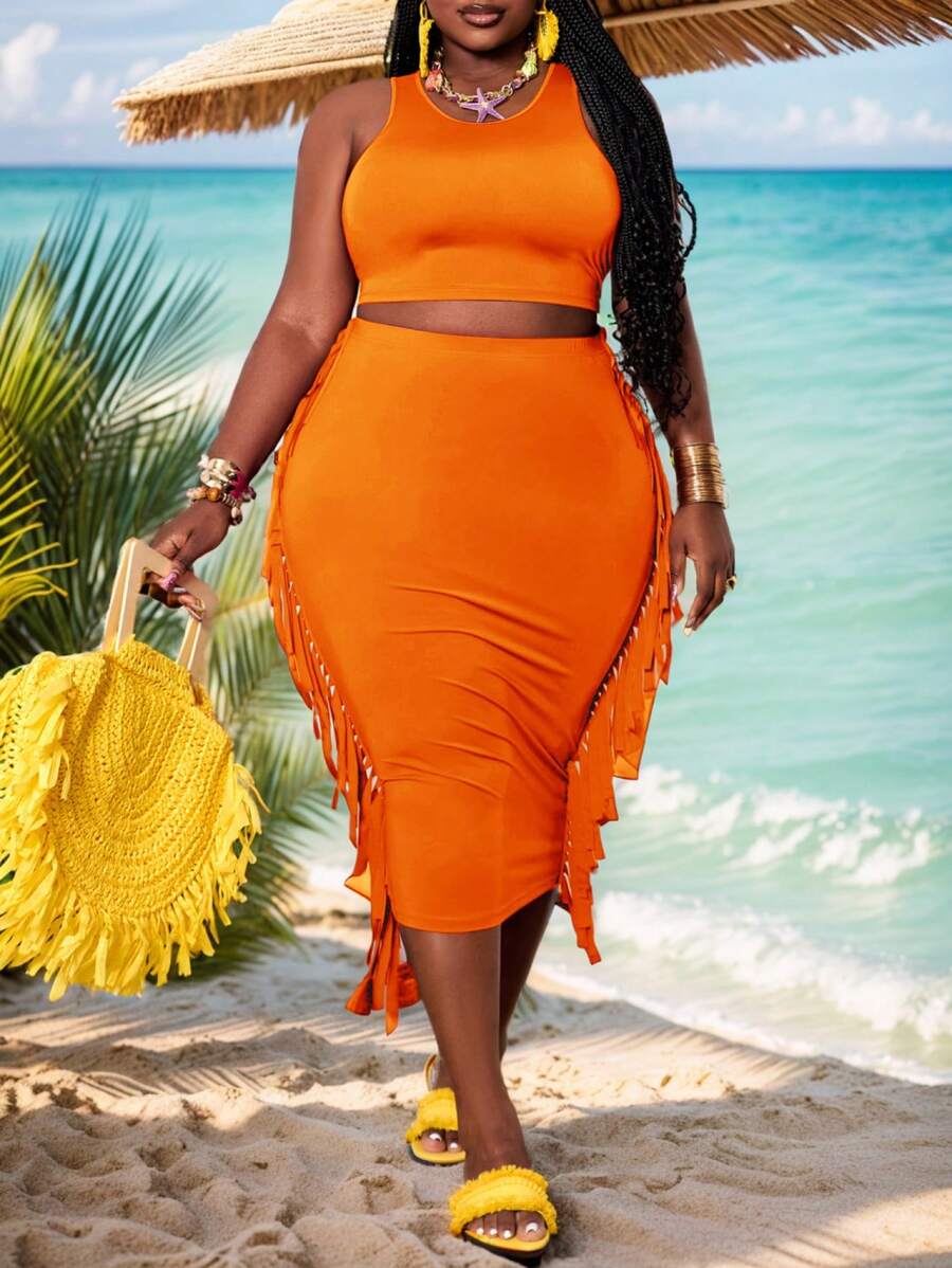 Slaydiva Plus Size Music Festival-Elastic Knit Plain Weave Wine Red Tank Top Fringed Skirt Two-Piece Set-A,Holiday Outfits