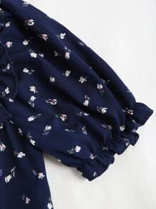 Sweetra 女式简约花卉印花方领灯笼袖连衣裙长款女装 - 藏蓝色 - 查看 3