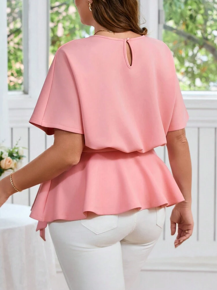 Elegant Loose Plus Size T-Shirt With Small Round Collar And Tie