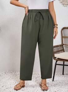 SHEIN Frenchy Plus Size Linen Pants,Vacation Solid Color High Waist Tie Front Trousers - Army Green - View 1
