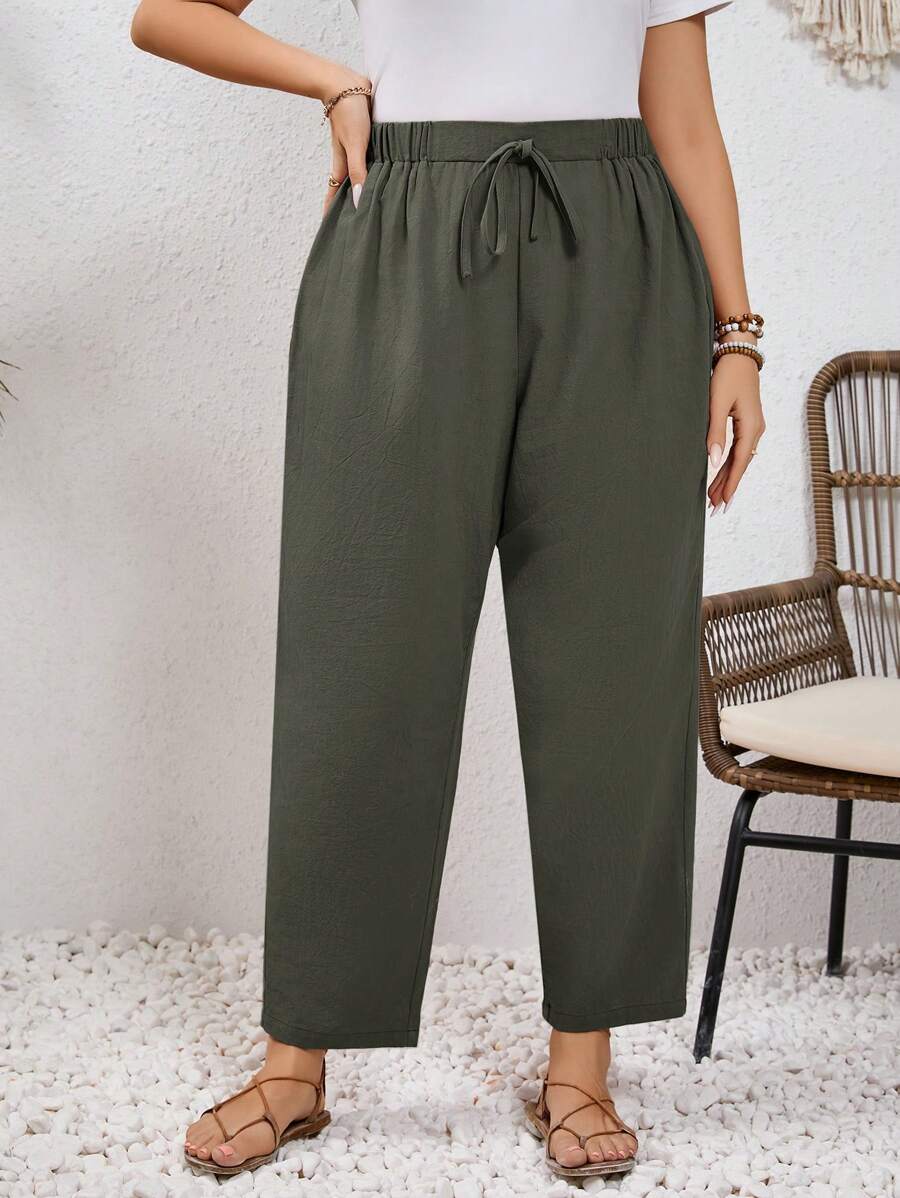 SHEIN Frenchy Plus Size Linen Pants,Vacation Solid Color High Waist Tie Front Trousers - Army Green - View 1