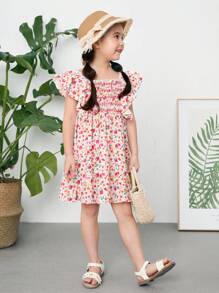 SHEIN Young Girl Woven Floral Round Neck Dress With Ruffle Trim And Pleated Design For Casual Occasions