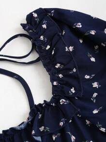 Sweetra 女式简约花卉印花方领灯笼袖连衣裙长款女装 - 藏蓝色 - 查看 5