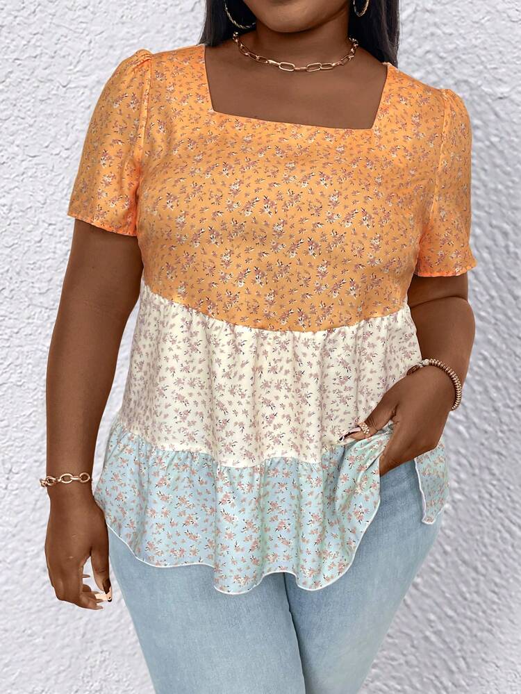 Plus Size Women's Summer Holiday Loose Floral Printed Square Neck Short Puff Sleeve Top With Ruffled Hemline