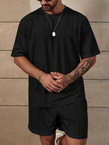 Solurane Loose Fit Men Solid Color Drop Shoulder T-Shirt And Shorts Set, Cozy Outfits - Black - View 4