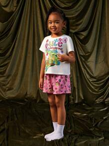 TEENAGE MUTANT NINJA TURTLES X SHEIN Set pigiama con top e pantaloncini con grafica di lettere e cartoni animati per ragazze giovani