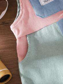 SHEIN Summer Newborn Baby Girls Casual Cute Style Jumpsuit With Front Pocket, Sleeveless, Adjustable Strap, Non-Elastic, Comfortable