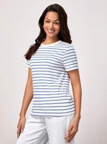 SHEIN BASICS Striped Print Round Neck Casual Tee For Summer