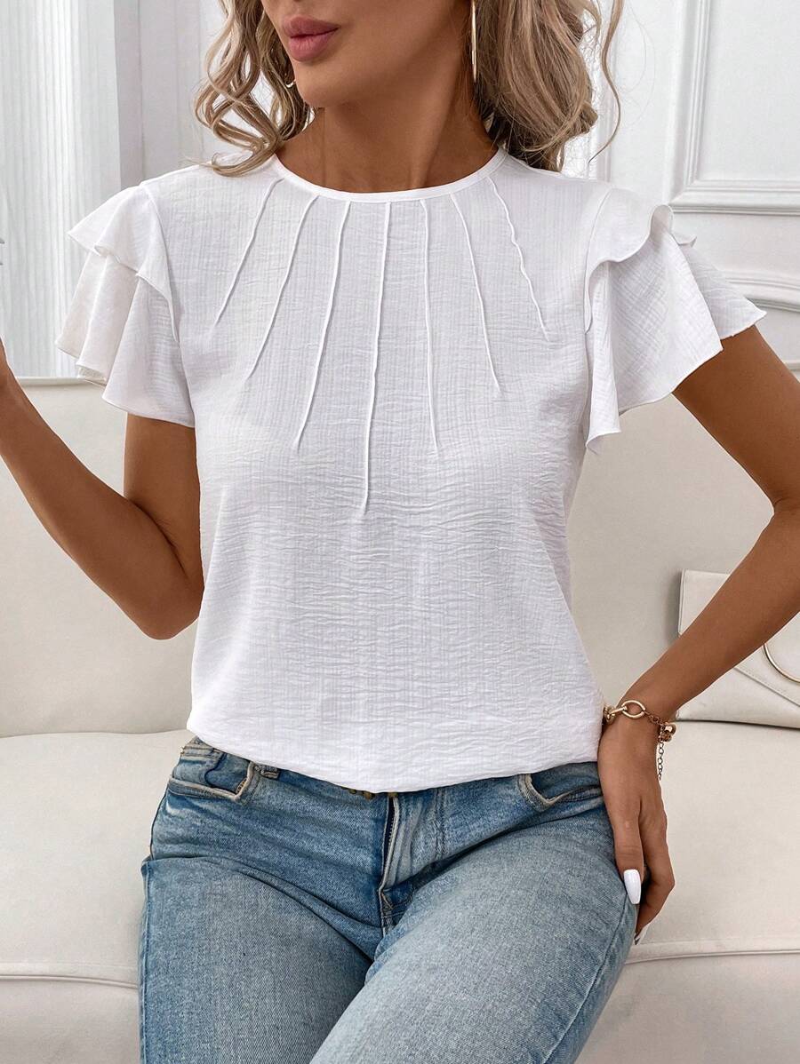 SHEIN Clasi Blusa branca de mulher com babados e mangas curtas para o verão - Branco - Visão 1
