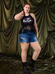 TEENAGE MUTANT NINJA TURTLES | SHEIN Plus Size Knitted Fringe Hem Turtle Print Black Halter Top - Black - View 6