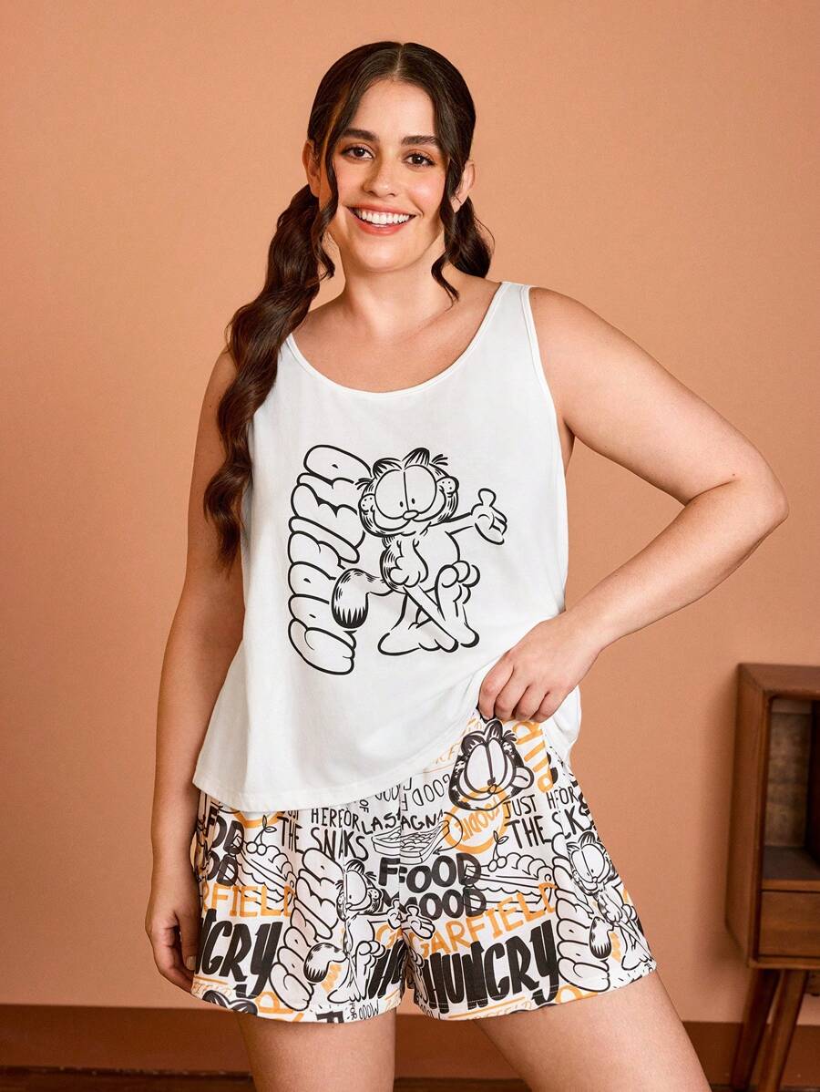 GARFIELD | SHEIN Conjunto de pijama de top de tirantes blanco y pantalones cortos con estampado de dibujos animados, talla grande, ropa casual y de estar en casa - Blanco - Ver 1