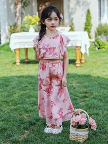 SHEIN Kleine Mädchen Elegantes Hochzeitssaison-Set mit Rüschensaum, Blumen-Chiffon-Top und weitem Hose, geeignet für Feste, Partys und Urlaube, Sommer