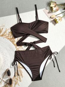 SHEIN Swim 女士纯色交叉打结性感比基尼套装，适合海滩度假夏季 - 棕色 - 查看 1