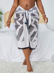 SHEIN Swim Curve Summer Beach Plus Size Dotted Line Printed Split Hem Contrasting Edge Tie Front Cover-Up
