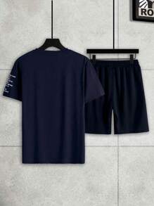 Manfinity Homme Men's Slogan Printed T-Shirt With Drawstring Waist Shorts 2pcs/Set - Navy Blue - View 2