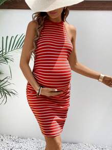 SHEIN Maternity Summer Simple Striped Off-Shoulder Printed Dress - Red - View 3