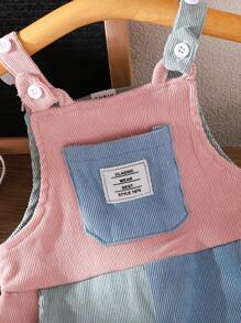 SHEIN Summer Newborn Baby Girls Casual Cute Style Jumpsuit With Front Pocket, Sleeveless, Adjustable Strap, Non-Elastic, Comfortable