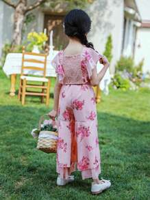 SHEIN Kleine Mädchen Elegantes Hochzeitssaison-Set mit Rüschensaum, Blumen-Chiffon-Top und weitem Hose, geeignet für Feste, Partys und Urlaube, Sommer