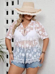 SHEIN VCAY Plus Size Women's Fashionable Sheer Printed Shirt With Lace Trimmed Collar