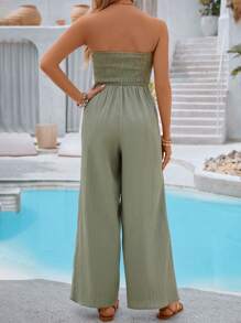 Vivid Eden Petos anchos de pierna de verano para mujer con diseño de nudo en la parte delantera y espalda abierta en unicolor, ideal para vacaciones