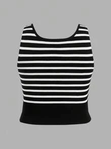 Flirla Plus Size Striped Printed Solid Color Casual Knit Top For Spring/Summer - Black - View 4