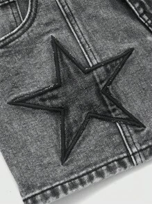 ROMWE Grunge Punk Pantalones cortos de mezclilla con bolsillo de carga gris, parche de estrella negra bordado, estilo punk libre, para mujer, escuela