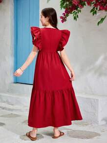 SHEIN 少女编织纯色织带刺绣流苏荷叶边袖休闲连衣裙 - 酒紅色 - 查看 2