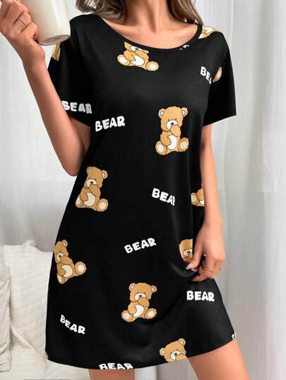 Able Schattige Bear Letter Printed Shirt Sleep Dress Pajama