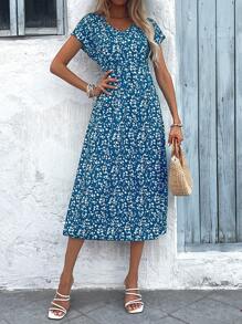 EMERY ROSE Vestido feminino de verão com manga morcego e estampa floral pequena para encontro no dia dos namorados - Azul - Visão 3