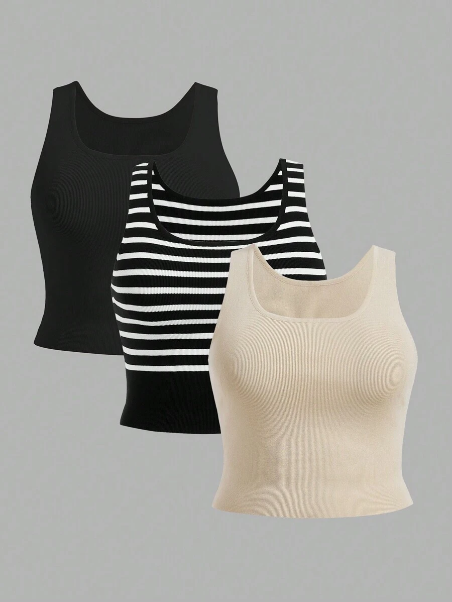 Flirla Plus Size Striped Printed Solid Color Casual Knit Top For Spring/Summer - Black - View 1