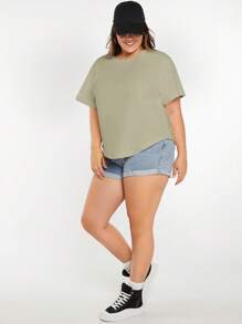 SHEIN BASICS 大碼女士夏季純色圓領短袖休閒T恤 - 軍綠色 - 查看 4