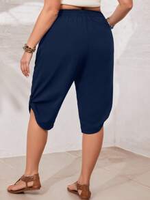 SHEIN VCAY Plus Size Women's Elastic Waist Ruched Hem Rolled-Up Capris Summer Pants - Navy Blue - View 2