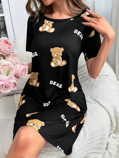 Able Schattige Bear Letter Printed Shirt Sleep Dress Pajama view 5