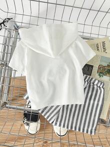 SHEIN Baby Boy Solid Color Hooded Top And Striped Shorts Set, Casual