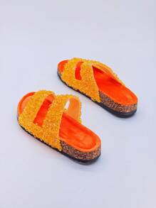 roulvxiang Novos  Chegadas Sandálias Verdes de Cortiça com Estampa em Dupla Alça e Diamantes Macios para Casual, Férias e Praia - Laranja Coral - Ver 4