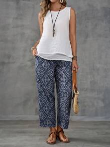 SHEIN LUNE Women's Vintage Printed Simple Casual Daily Trousers - Multicolor - View 6