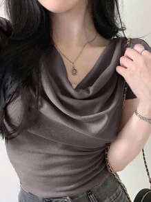 DAZY Women Solid Color Slim Fit Ruffle Neck Design T-Shirt Summer - Coffee Brown - View 3