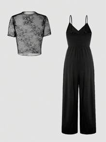 SHEIN Unity Conjunto de camisola de encaje transparente y mono para mujer, uso diario simple en unicolor