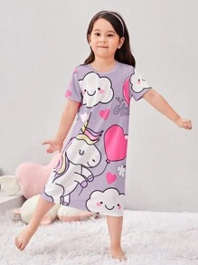 SHEIN Váy ngủ tay ngắn in họa tiết hoạt hình thoải mái cho bé gái - Màu tím - Xem 1