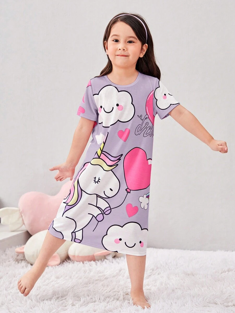 SHEIN Váy ngủ tay ngắn in họa tiết hoạt hình thoải mái cho bé gái - Màu tím - Xem 1